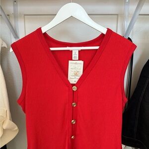 H&M Red Ribbed Sleeveless Button-Front Top